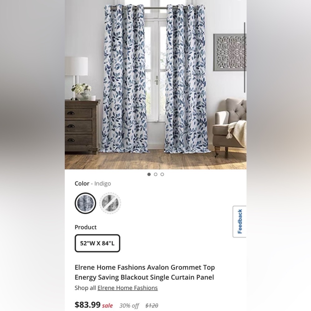 Indigo Leaf Pattern Curtains 52x84